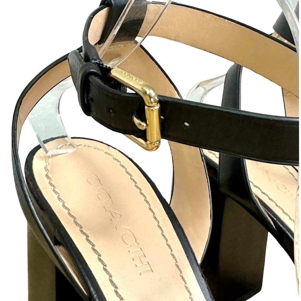 Coach Black Leather Block Heel Sandals Horse & Carriage Gold Hardware Womens 10 - Picture 11 of 16